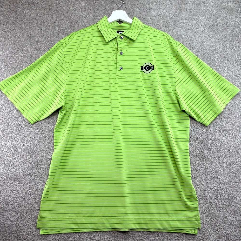 Footjoy Polo Shirt Mens Large Green Striped Stretch Logo Colgate 1819 Seven Oaks